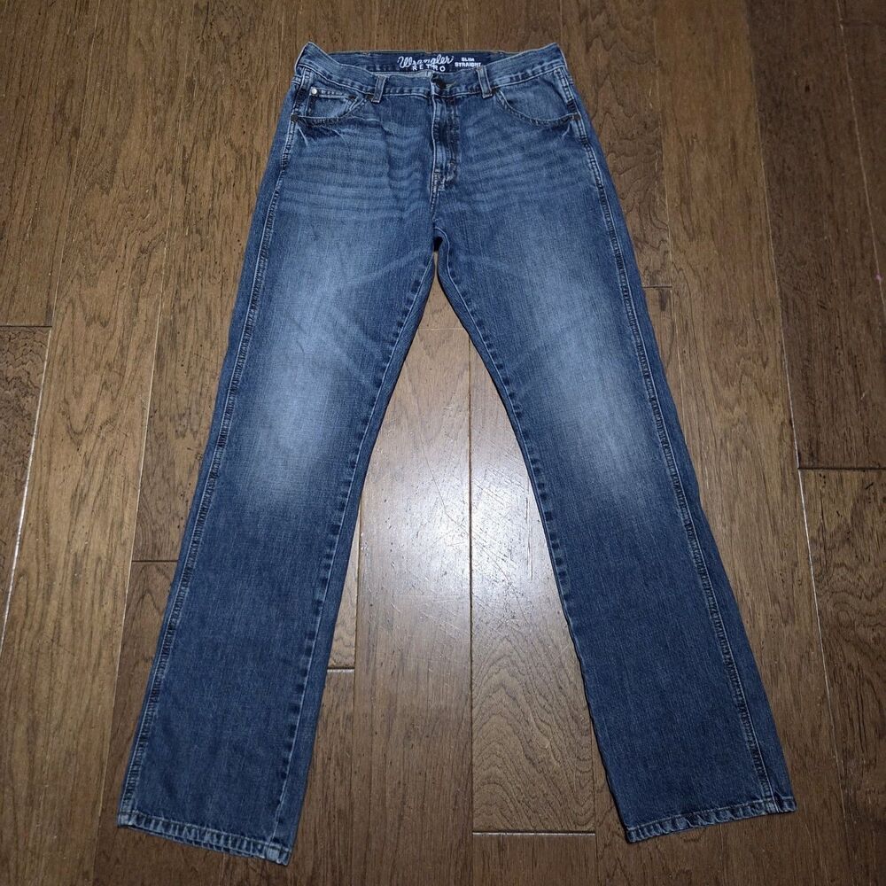 Wrangler Retro Slim Straight Jeans Mens 34x36 Blue Whiskered Faded